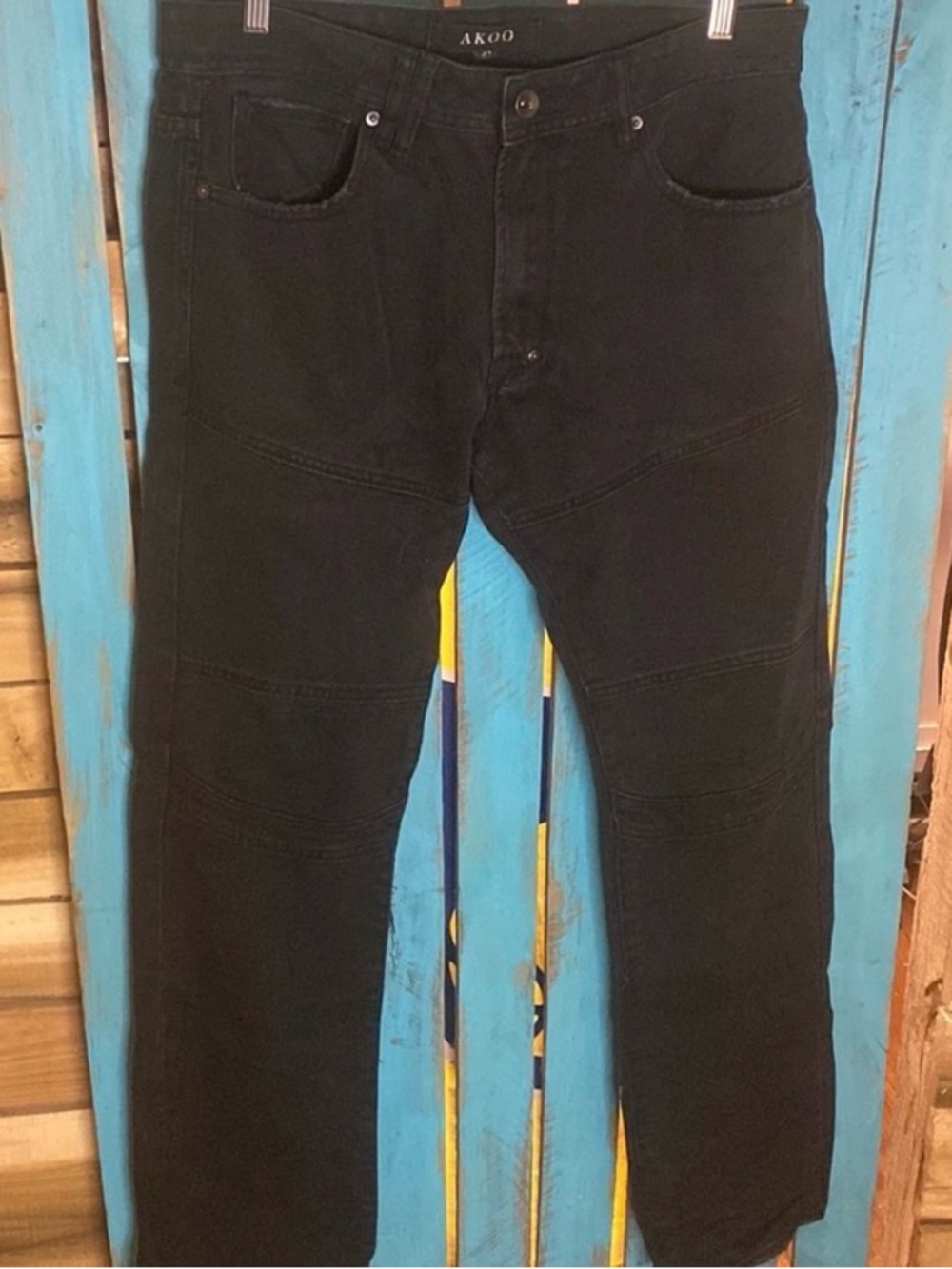 Akoo black distressed moto style jeans size 34x32 cotton fabric
